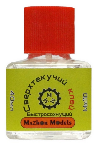 Клей для моделей "Mazhor Models", супертекучий, быстросохнущий (Extrafast thin cement), 40 мл., с кистью.